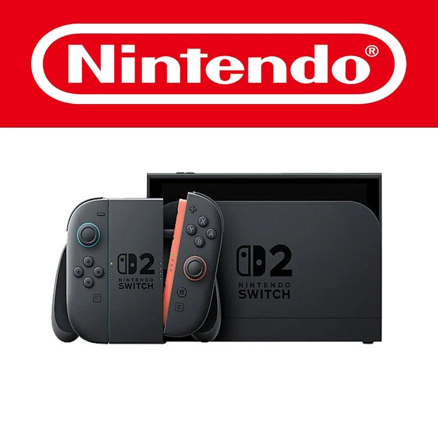 Auf dem Bild ist die Nintendo Switch 2 Konsole in einem eleganten schwarzen Design zu sehen. Die Dockingstation trägt den auffälligen „Switch 2“-Schriftzug und hebt sich durch ihr modernes, minimalistisches Aussehen hervor. Die beiliegenden Joy-Con-Controller sind in dunklen Farbtönen gehalten, wobei der rechte einen auffälligen roten Akzent besitzt. Die ergonomische Form und die erweiterten Bedienelemente deuten auf technische Verbesserungen gegenüber dem Vorgängermodell hin.