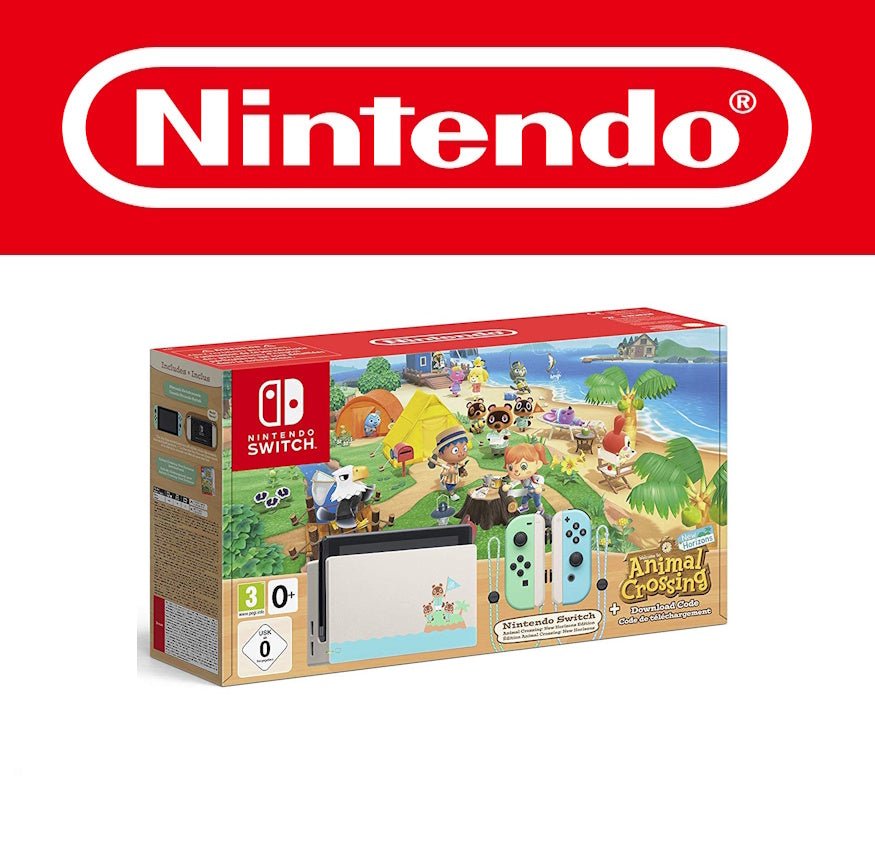 Das Bild zeigt die Nintendo Switch in der Animal Crossing: New Horizons Sonderedition. Die Verpackung zeigt die bewohnte Inselwelt aus dem Spiel. Die Dockingstation ist in Weiß mit türkisfarbenen Akzenten und Abbildungen von Tom Nook und seinen Neffen. Die Joy-Cons sind in Pastell-Türkis und Mintgrün gehalten, ebenfalls mit weißen Rückseiten. Die USK- und PEGI-Freigaben liegen bei 0 bzw. 3+. Diese Edition vermittelt eine freundliche, entspannte Stimmung.