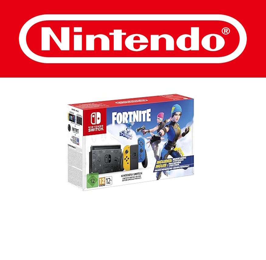 Das Bild zeigt das Nintendo Switch Bundle in der Fortnite Edition. Die Verpackung zeigt Fortnite-Charaktere in Actionposen. Die Konsole enthält eine schwarze Dockingstation mit Fortnite-Symbolik. Die Joy-Cons sind gelb und blau. Enthalten sind digitale Bonusinhalte wie V-Bucks und Outfits. Die USK- und PEGI-Freigabe beträgt 12. Dieses Bundle richtet sich klar an Fortnite-Fans und bietet ein farbenfrohes, actionbetontes Design.