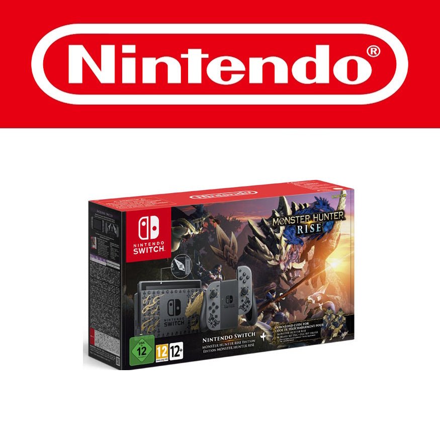 Das Bild zeigt die Sonderedition der Nintendo Switch im Monster Hunter Rise Design. Die Verpackung zeigt ein Artwork mit dem Monster Magnamalo aus dem Spiel. Die Dockingstation ist in Schwarz gehalten mit goldenen Symbolen und einem stilisierten Drachenmotiv. Die grauen Joy-Cons sind ebenfalls mit goldenen Mustern verziert. Enthalten ist außerdem ein Downloadcode für das Spiel „Monster Hunter Rise“. Die Altersfreigabe ist mit PEGI 12 und USK 12 markiert.