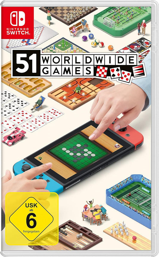 Das Bild zeigt das Cover des Nintendo Switch Spiels „51 Worldwide Games“. Es ist hell und übersichtlich gestaltet, mit vielen Miniaturspielbrettern, Karten- und Brettspielen wie Schach, Vier gewinnt, Bowling, Air Hockey oder Poker. In der Mitte sieht man zwei Hände, die auf einem Nintendo Switch Bildschirm das Brettspiel Othello gegeneinander spielen. Das Logo ist zentral im oberen Drittel platziert. Unten links befindet sich die USK-6-Freigabe für das familienfreundliche Spiel.