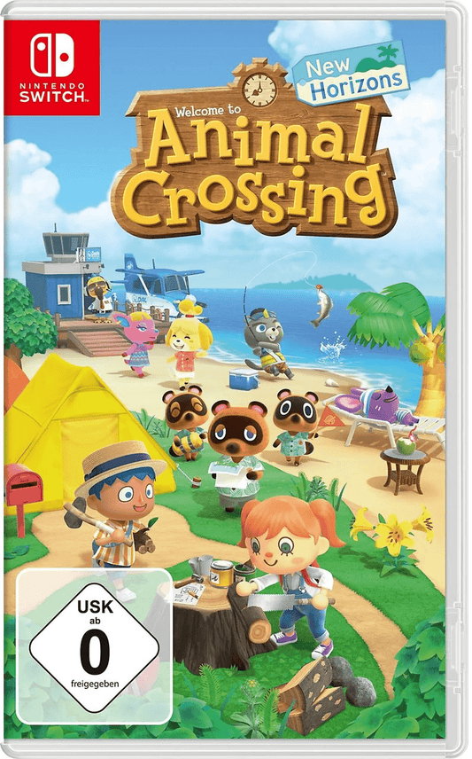 Fröhliches und farbenfrohes Spielcover von „Animal Crossing: New Horizons“. Verschiedene tierische Dorfbewohner und Spielerfiguren beleben eine tropische Insel mit Strand, Zelt, Palmen und Meer. Eine entspannte Lebenssimulation mit Sammel- und Bauaspekten. USK 0.
