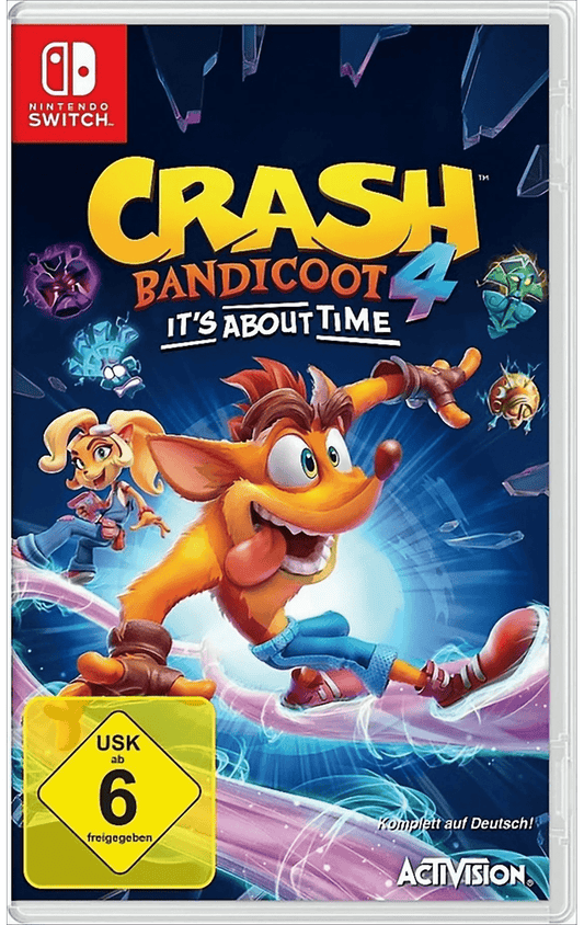 Spielcover von "Crash Bandicoot 4: It's About Time" mit Crash in Aktion und bunten Dimensionsportalen.