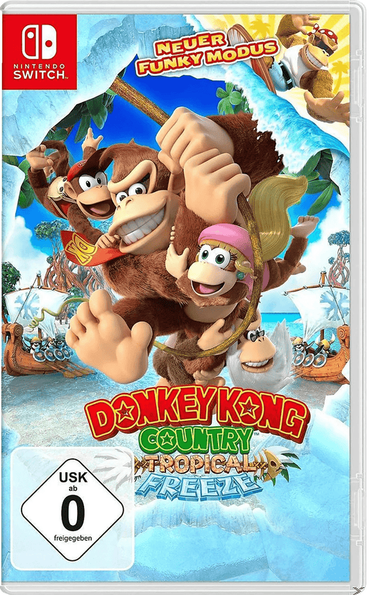 Spielcover von "Donkey Kong Country: Tropical Freeze" mit Donkey Kong und Freunden in arktischer Umgebung.