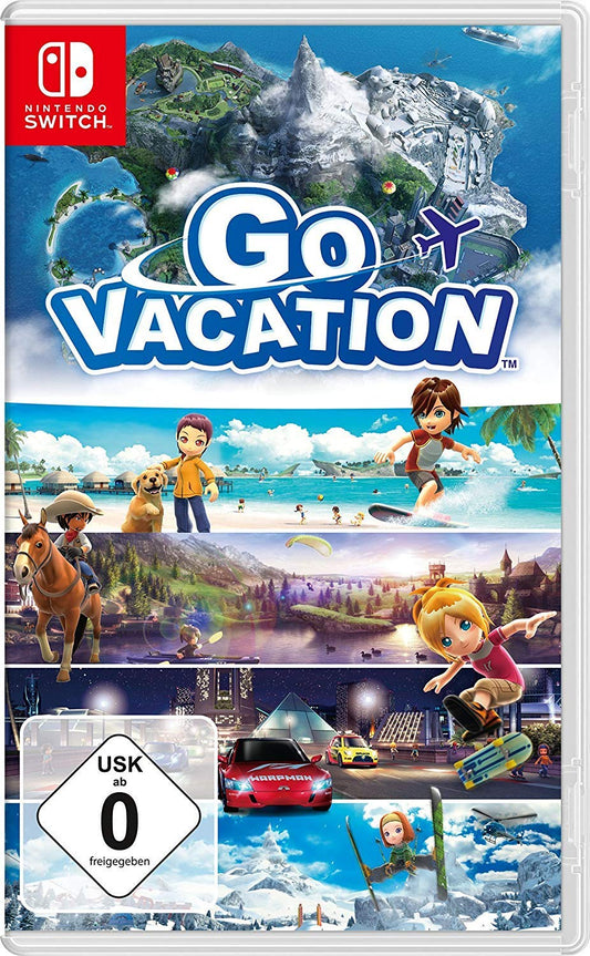 Das Bild zeigt das offizielle Cover des Nintendo Switch Spiels „Go Vacation“. Zu sehen ist eine große tropische Insel, die in verschiedene Urlaubsregionen unterteilt ist – darunter Strand, Berge und Stadt. Verschiedene spielbare Figuren genießen Aktivitäten wie Surfen, Reiten, Snowboarden und Autorennen. Das Design ist bunt und familienfreundlich gehalten, mit dem Spieltitel „Go Vacation“ zentral platziert. Unten links ist die USK-0-Freigabe für alle Altersklassen sichtbar.