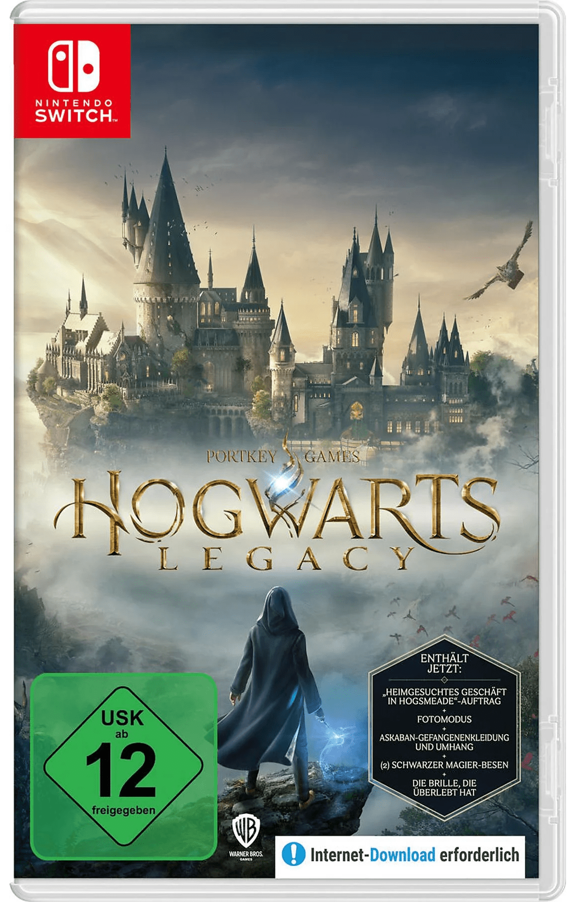 Cover des Spiels „Hogwarts Legacy“ für Nintendo Switch mit Schloss Hogwarts im Hintergrund und einem Zauberer im Vordergrund.