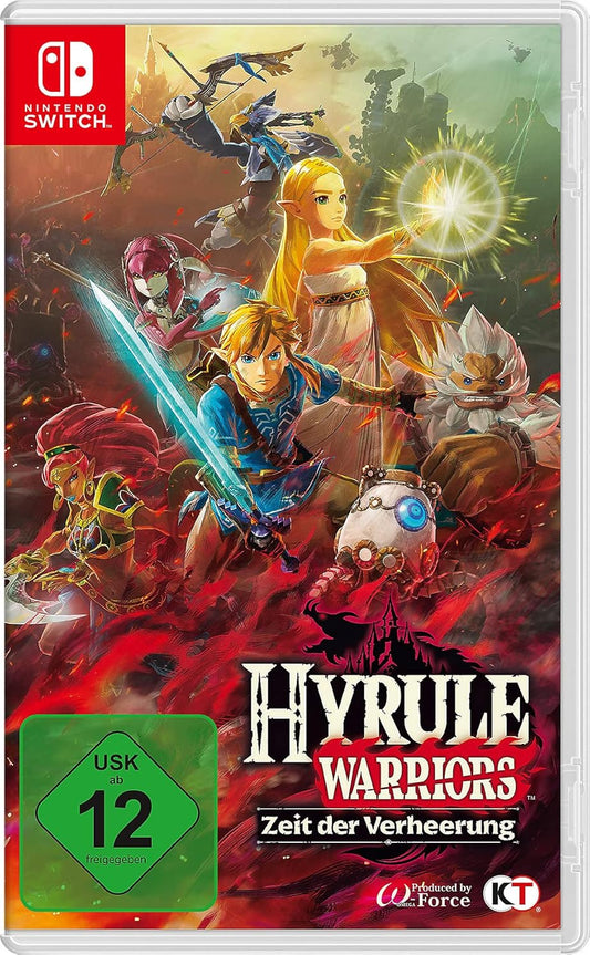 Das Bild zeigt das Cover des Nintendo Switch Spiels „Hyrule Warriors: Zeit der Verheerung“. Im Vordergrund stehen Link mit erhobenem Schwert und Prinzessin Zelda, die eine leuchtende magische Kugel beschwört. Um sie herum kämpfen weitere Charaktere aus dem Zelda-Universum, darunter Mipha, Daruk und ein kleiner Wächter-Roboter. Der Hintergrund ist in feurig-roten Farben gehalten und zeigt eine bedrohliche Atmosphäre. Unten befindet sich das Spiel-Logo und die USK-12-Freigabe.