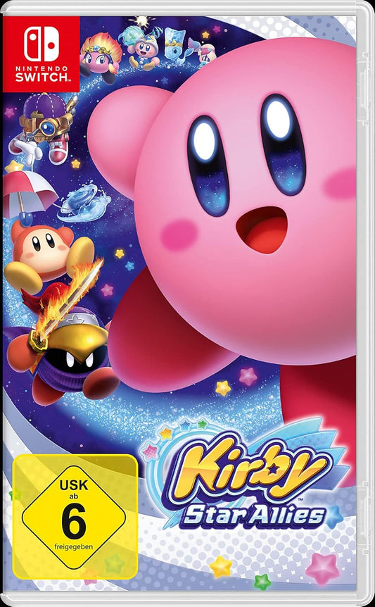 Das Bild zeigt das farbenfrohe Cover des Nintendo Switch Spiels „Kirby Star Allies“. Im Mittelpunkt steht Kirby, der ikonische rosa Held, mit fröhlichem Gesichtsausdruck vor einem Sternenhimmel. Um ihn herum sind mehrere Charaktere aus dem Spiel zu sehen, darunter Waddle Dee, Meta Knight und weitere Verbündete. Der Hintergrund ist galaktisch gestaltet mit leuchtenden Sternen und Farbeffekten. Unten links befindet sich das USK-6-Symbol und zentral unten das offizielle Spiel-Logo.