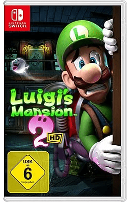 Spielecover mit Luigi, der ängstlich hinter einer Tür hervorschaut, während ein Geist (Boo) im Hintergrund schwebt. Dunkle, schaurige Atmosphäre.