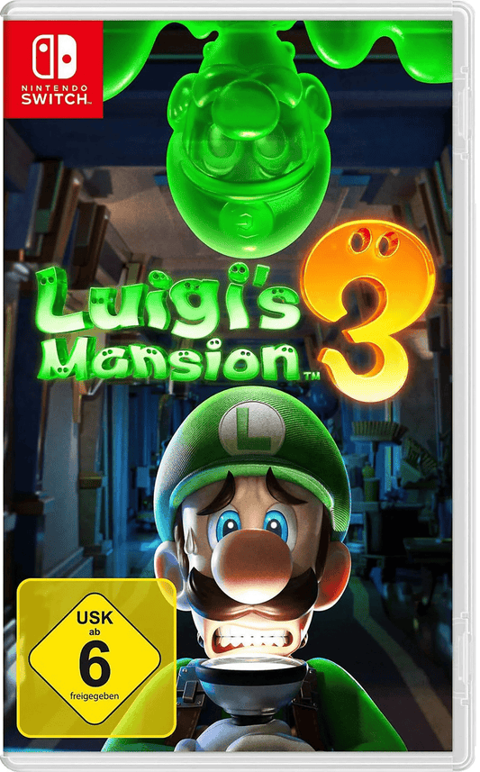 Gruselig-lustiges Cover von „Luigi’s Mansion 3“. Luigi steht mit einer Taschenlampe verängstigt im Flur eines Spukhotels, während über ihm ein grüner Geister-Luigi schwebt. Das Spiel vereint Humor und Abenteuer in einer Geisterjagd-Atmosphäre. USK ab 6 Jahren freigegeben.