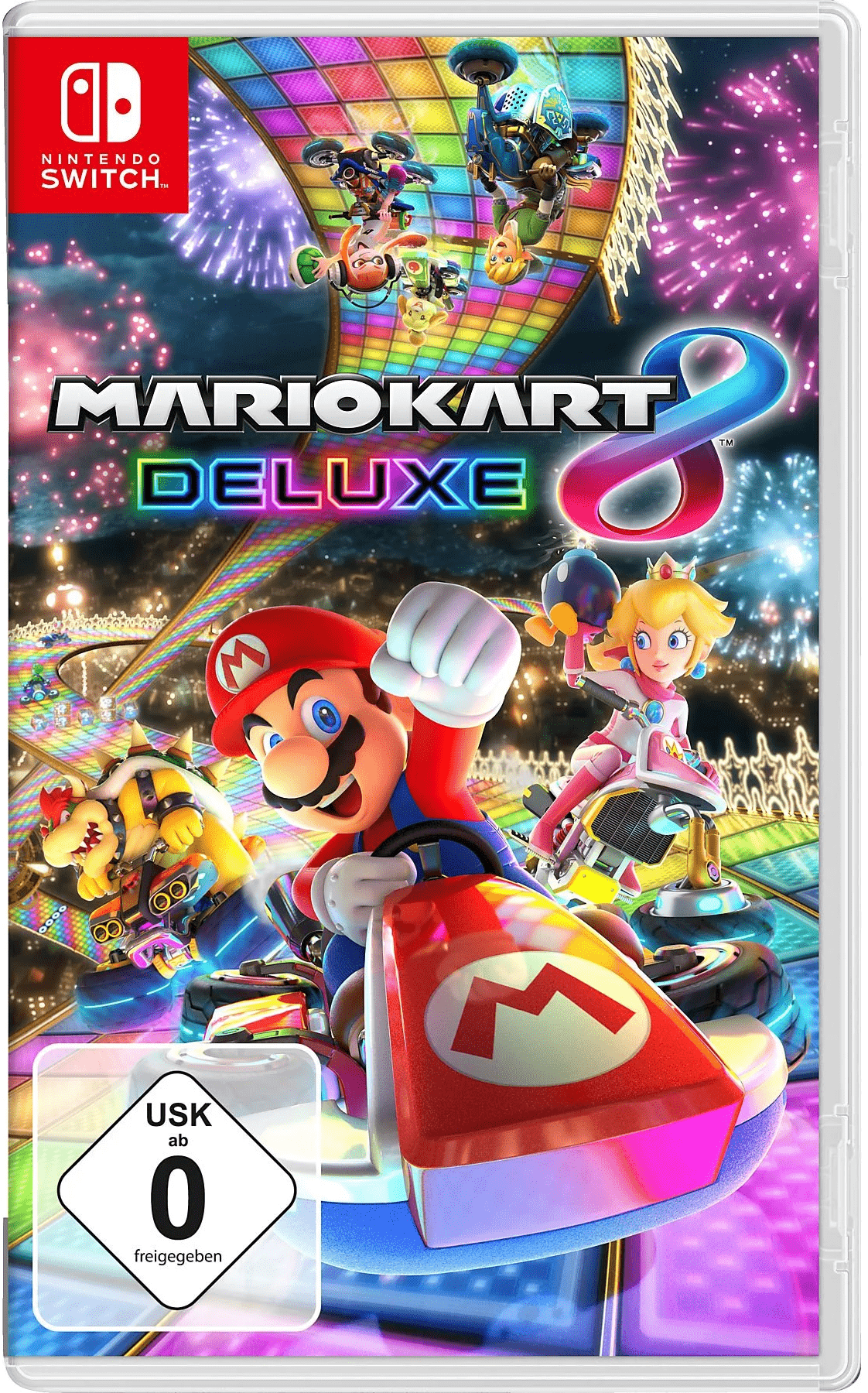 Spielcover von "Mario Kart 8 Deluxe" mit Mario, Peach und Bowser in Karts auf einer Regenbogenstrecke.