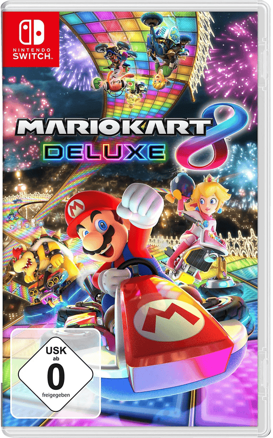 Spielcover von "Mario Kart 8 Deluxe" mit Mario, Peach und Bowser in Karts auf einer Regenbogenstrecke.