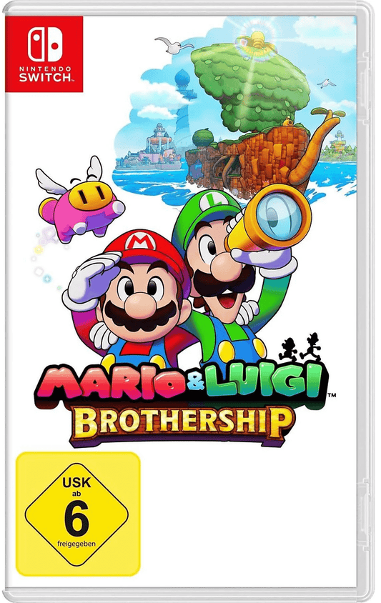 Spielcover von „Mario & Luigi: Brothership“ mit Mario und Luigi auf einer tropischen Insel, Luigi hält ein Fernrohr.