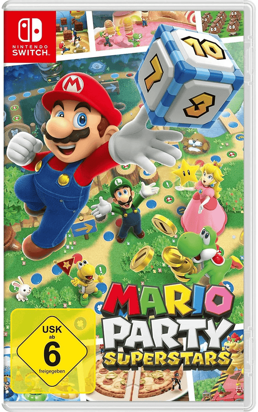 Auf dem Cover von „Mario Party Superstars“ wirft Mario fröhlich einen Würfel, umgeben von Luigi, Peach, Yoshi und anderen bekannten Charakteren. Der Hintergrund zeigt verschiedene Mini-Spiel-Szenarien und bunte Spielbretter – ganz im Stil eines klassischen Partyspiels. USK 6.