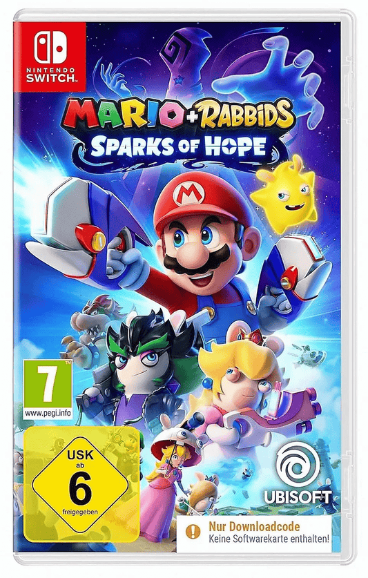 Actionreiches Cover mit Mario, Peach, Rabbids und Weltraum-Design für das Spiel „Mario + Rabbids: Sparks of Hope“.