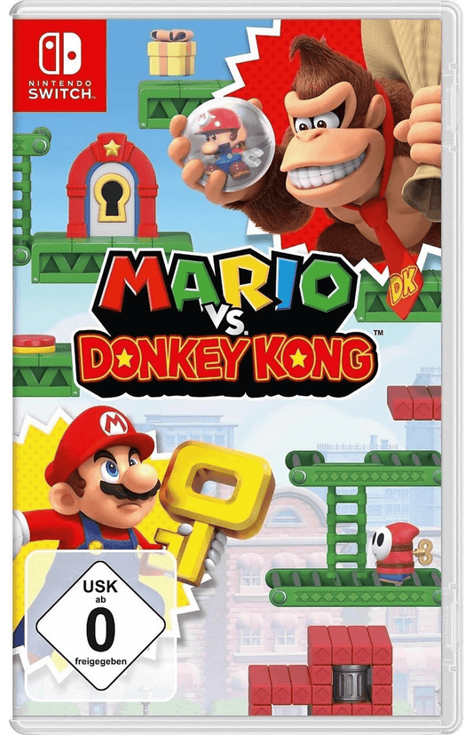 Spielecover zeigt Mario mit einem großen gelben Schlüssel vor einem Hindernisparcours, während Donkey Kong ein Spielzeug-Mario gefangen hält.