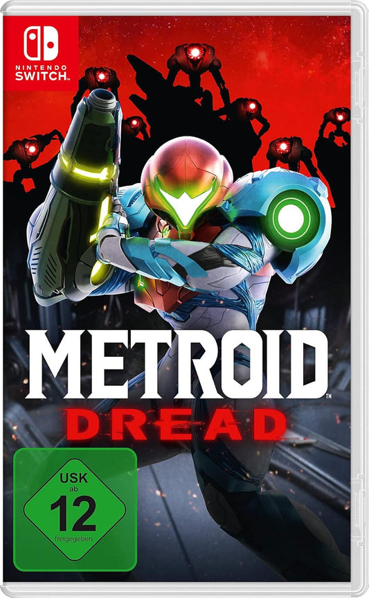 Das Bild zeigt das Cover des Nintendo Switch Spiels „Metroid Dread“. Im Mittelpunkt steht die Kopfgeldjägerin Samus Aran in ihrem ikonischen Hightech-Anzug, bereit zum Kampf mit erhobenem Armkanone. Der Hintergrund ist in bedrohlichem Rot gehalten und zeigt mehrere dunkle Roboter-Silhouetten mit rot leuchtenden Augen, die Spannung und Gefahr ausstrahlen. Unten links ist das USK-12-Logo zu sehen, während der Titel „Metroid Dread“ in Weiß und Rot zentral platziert ist.