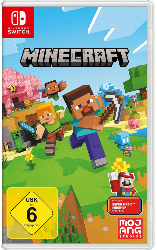 Cover von „Minecraft“ für Nintendo Switch mit blockartigen Figuren wie Steve, Alex, Creeper und einer lebhaften Spielwelt.