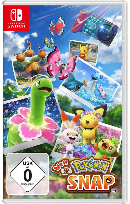 Spielcover von "New Pokémon Snap" mit fröhlichen Pokémon und Kameramotiven auf einem farbenfrohen Hintergrund.