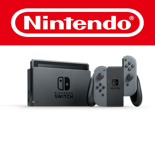 Die Nintendo Switch Konsole in der klassischen grauen Farbvariante zeigt sich hier mitsamt dem zugehörigen Dock und den beiden Joy-Con-Controllern in Grau. Das schlichte Design richtet sich an Nutzer, die eine zurückhaltende Optik bevorzugen. Im Hintergrund prangt prominent das ikonische Nintendo-Logo auf rotem Grund – ein Symbol für Qualität, Spielspaß und zeitlose Unterhaltung auf hohem Niveau.
