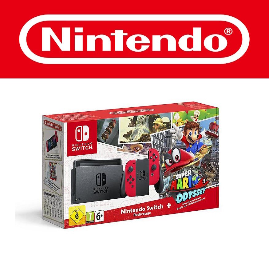 Die Nintendo Switch als Bundle mit dem populären Spiel Super Mario Odyssey. Enthalten sind rote Joy-Cons, das schwarze Dock sowie ein digitaler Download-Code für das Spiel. Die Verpackung ist mit dynamischen Mario-Motiven gestaltet, darunter Szenen aus New Donk City. Die Box vermittelt Abenteuer, Spaß und familienfreundliches Gaming. Ein ideales Geschenk für Mario-Fans jeden Alters.