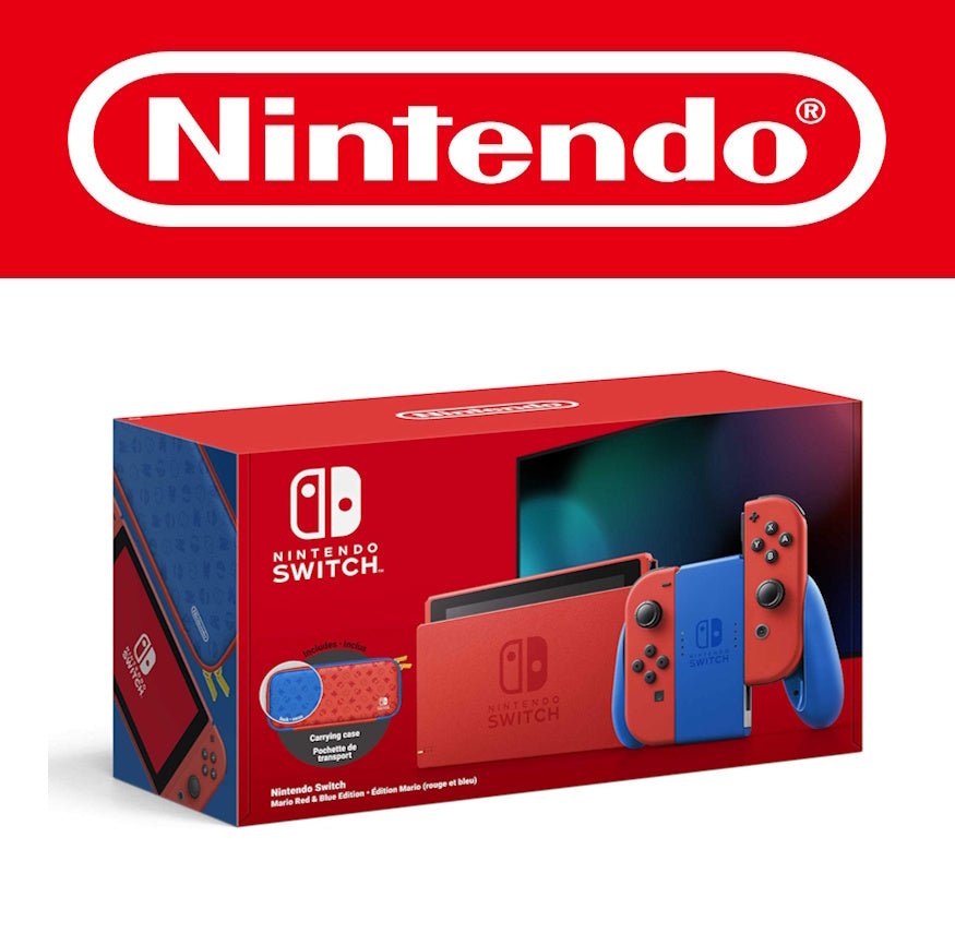 Die Mario Red & Blue Edition der Nintendo Switch ist komplett in den Farben von Super Mario gestaltet. Die Verpackung zeigt die rote Konsole mit roten Joy-Cons und blauer Joy-Con-Halterung. Die Dockingstation ist ebenfalls rot mit dem Nintendo Switch Logo. Zusätzlich enthalten ist eine Tragetasche im Mario-Design. Das Gesamtpaket erinnert stark an Marios ikonische Farbpalette und richtet sich besonders an Fans des Nintendo-Maskottchens