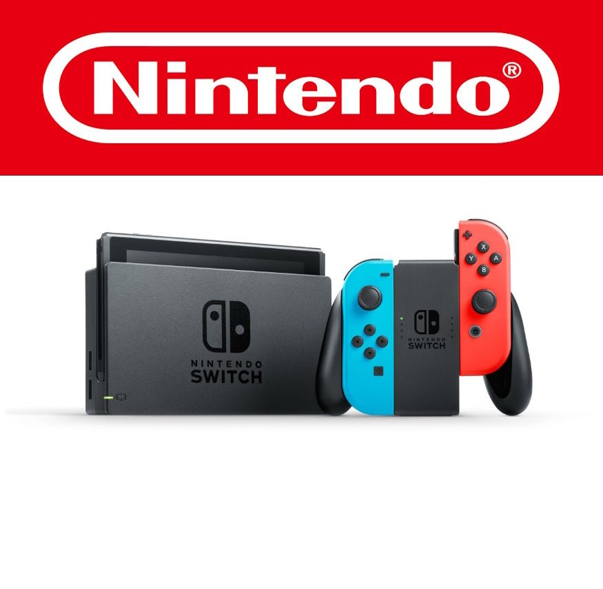 Abgebildet ist die beliebte Nintendo Switch in der Farbkombination Neon-Rot und Neon-Blau, flankiert vom schwarzen Dock. Diese lebendige Version spricht besonders jüngere und farbenfrohe Spieler an. Das rote und blaue Joy-Con-Design wurde zu einem ikonischen Look für die Konsole. Im Hintergrund sieht man das klassische rote Nintendo-Logo, das für jahrzehntelange Innovation in der Gaming-Welt steht.