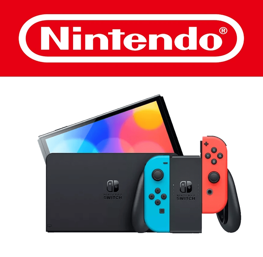 Die Nintendo Switch OLED in klassischer Neon-Rot und Neon-Blau Joy-Con-Ausführung kombiniert bewährte Farbvielfalt mit neuester Technik. Die Konsole sitzt im schwarzen Dock, das mittig platziert ist. Der farbenfrohe OLED-Bildschirm ist leicht nach hinten geneigt sichtbar. Das rote Nintendo-Logo darüber betont die Markenidentität. Ideal für alle, die klassische Optik mit besserer Displayqualität wollen.