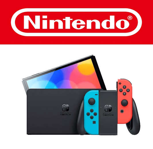 Die Nintendo Switch OLED in klassischer Neon-Rot und Neon-Blau Joy-Con-Ausführung kombiniert bewährte Farbvielfalt mit neuester Technik. Die Konsole sitzt im schwarzen Dock, das mittig platziert ist. Der farbenfrohe OLED-Bildschirm ist leicht nach hinten geneigt sichtbar. Das rote Nintendo-Logo darüber betont die Markenidentität. Ideal für alle, die klassische Optik mit besserer Displayqualität wollen.