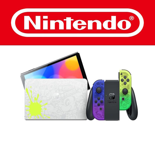 Abgebildet ist die Nintendo Switch OLED in der Splatoon 3 Sonderedition. Die Dockingstation ist weiß mit einem neongrünen Farbspritzer und graffitiartigen Symbolen. Die Joy-Cons sind asymmetrisch gefärbt – links in Lila, rechts in Neongrün – mit dunklen Symbolen aus dem Splatoon-Universum. Die Konsole selbst ist im Hintergrund aufgestellt und zeigt das OLED-Display. Die Gestaltung ist dynamisch, bunt und thematisch auf das Splatoon-Design abgestimmt.