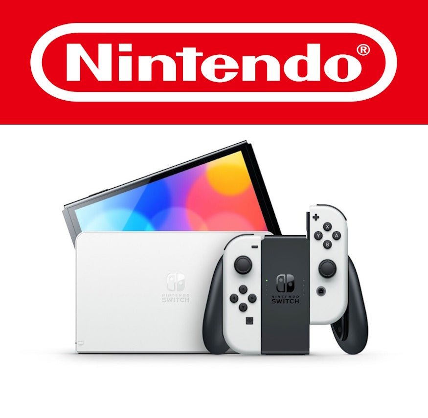 Die neue Nintendo Switch OLED in stilvollem Weiß mit kontrastierenden schwarzen Elementen bietet ein modernes Design. Das größere OLED-Display verspricht brillante Farben und schärfere Kontraste für ein verbessertes Spielerlebnis. Die weißen Joy-Cons und das farbige Display machen die Konsole zum Hingucker. Das rote Nintendo-Logo im Hintergrund unterstreicht die Premium-Ausrichtung dieser Edition.