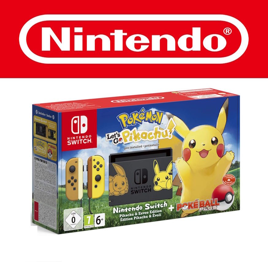 Das Bild zeigt das Bundle der Nintendo Switch im Design von Pokémon: Let’s Go Pikachu & Evoli. Die Verpackung zeigt ein großes Pikachu, daneben die Konsole mit spezieller schwarzer Dockingstation, auf der Evoli und Pikachu abgebildet sind. Die Joy-Cons sind in Gelb und Braun gehalten, passend zu den beiden Pokémon. Im Bundle enthalten ist außerdem ein Pokéball Plus-Controller. Die USK-Freigabe liegt bei 0, zusätzlich ist ein PEGI-7-Label sichtbar.