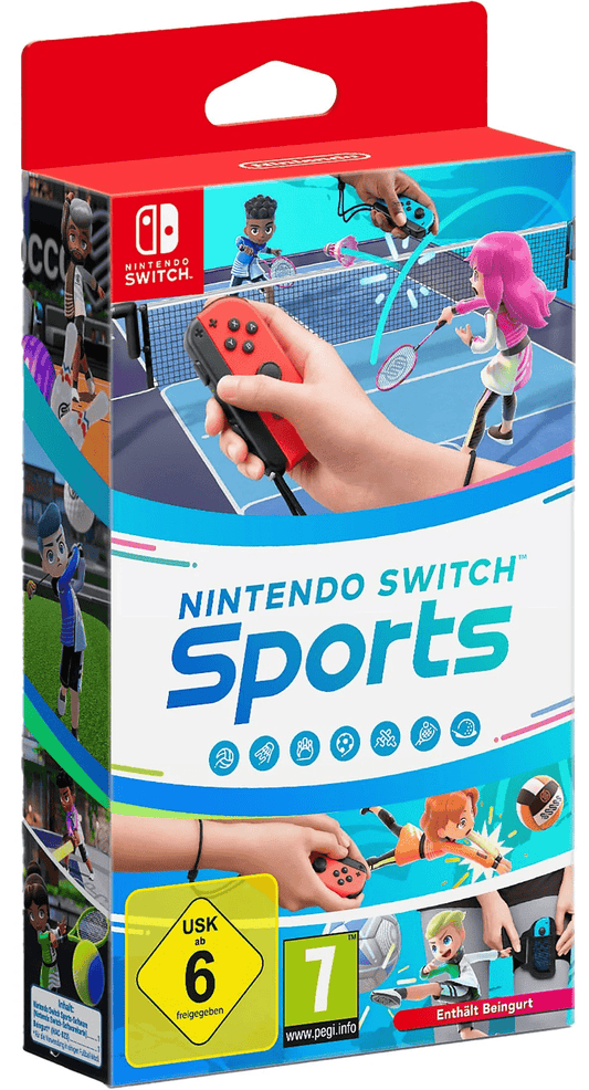 Verpackung zeigt verschiedene Sportarten wie Tennis, Volleyball und Fußball, gespielt mit Nintendo Joy-Con-Controllern. Im Fokus: Hände, die Controller halten.