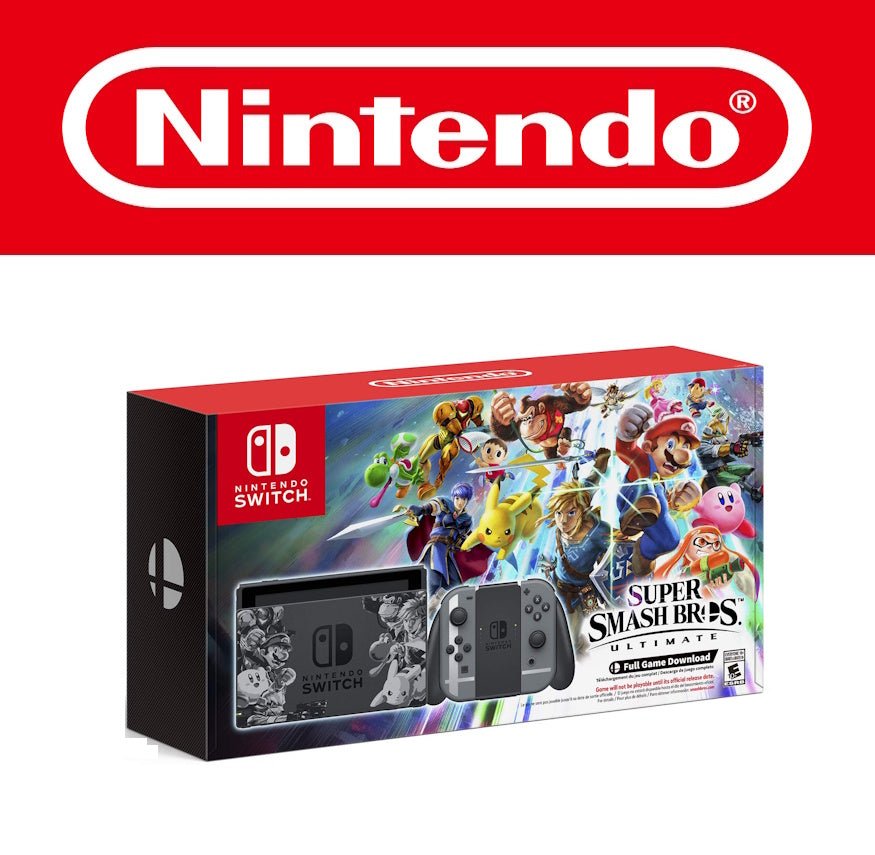 Abgebildet ist die Nintendo Switch Konsole im Super Smash Bros. Ultimate Design. Die Verpackung zeigt zahlreiche spielbare Charaktere aus dem Spiel wie Pikachu, Link, Mario, Donkey Kong und viele mehr. Die Dockingstation ist mit Schwarz-Weiß-Artworks der Charaktere verziert. Die Joy-Cons sind grau mit dem ikonischen Smash-Symbol. Das Bundle enthält einen Downloadcode für das Spiel. Zielgruppe sind Fans des beliebten Nintendo-Kampfspiels.