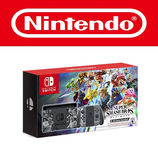 Abgebildet ist die Nintendo Switch Konsole im Super Smash Bros. Ultimate Design. Die Verpackung zeigt zahlreiche spielbare Charaktere aus dem Spiel wie Pikachu, Link, Mario, Donkey Kong und viele mehr. Die Dockingstation ist mit Schwarz-Weiß-Artworks der Charaktere verziert. Die Joy-Cons sind grau mit dem ikonischen Smash-Symbol. Das Bundle enthält einen Downloadcode für das Spiel. Zielgruppe sind Fans des beliebten Nintendo-Kampfspiels.