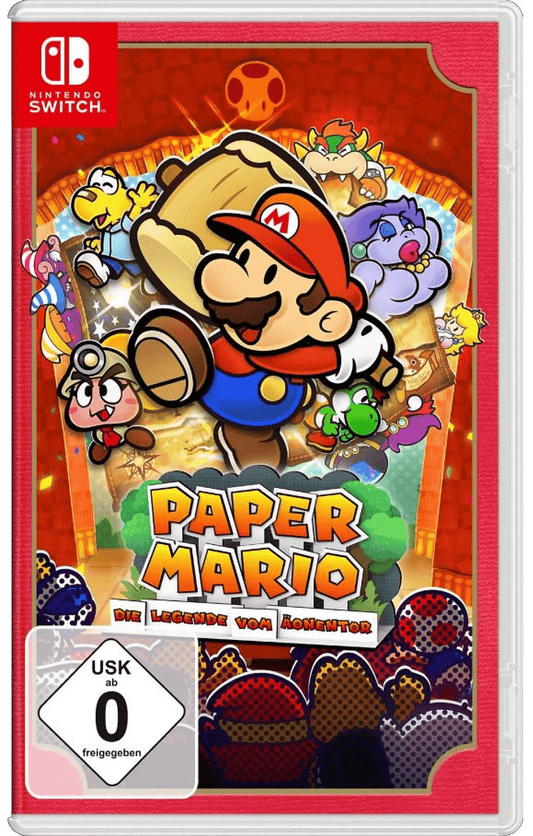 Spielecover zeigt Mario im Papierstil mit einem riesigen Hammer in Aktion, begleitet von vielen bekannten Charakteren in einer bunten Theaterkulisse.