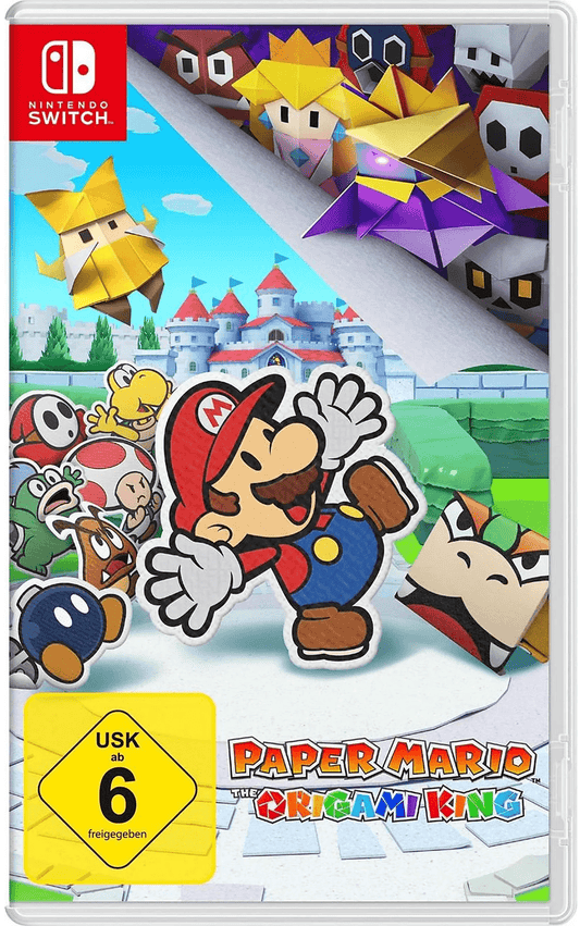 Origami-Stil-Cover des Spiels „Paper Mario: The Origami King“ mit Mario und anderen Papierfiguren vor einer Burg.