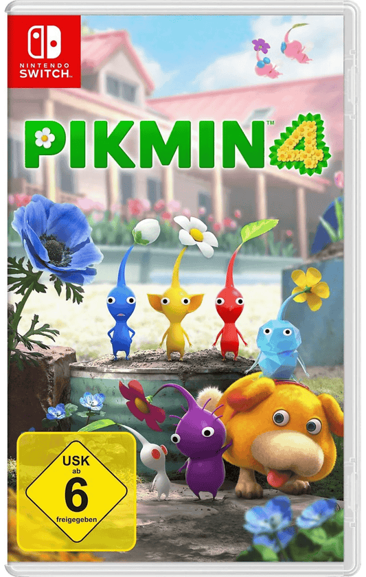 Spielhülle von „Pikmin 4“ für die Nintendo Switch. Verschiedene Pikmin-Figuren in Blau, Gelb, Rot, Lila, Weiß und Eisfarben stehen zusammen mit einem hundeähnlichen Wesen in einem blühenden Garten vor einem Haus. Das Design ist farbenfroh und zeigt eine verspielte, naturverbundene Atmosphäre mit Blumen und Pflanzen, was auf ein abenteuerliches Gameplay mit Erkundungen in einer Miniaturwelt hinweist. Geeignet ab 6 Jahren laut USK-Kennzeichnung.