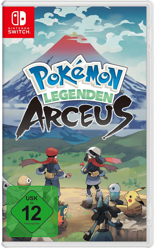 Spielhülle von "Pokémon-Legenden: Arceus" mit zwei Trainern und Pokémon vor einem großen Berg in handgezeichneter Optik.