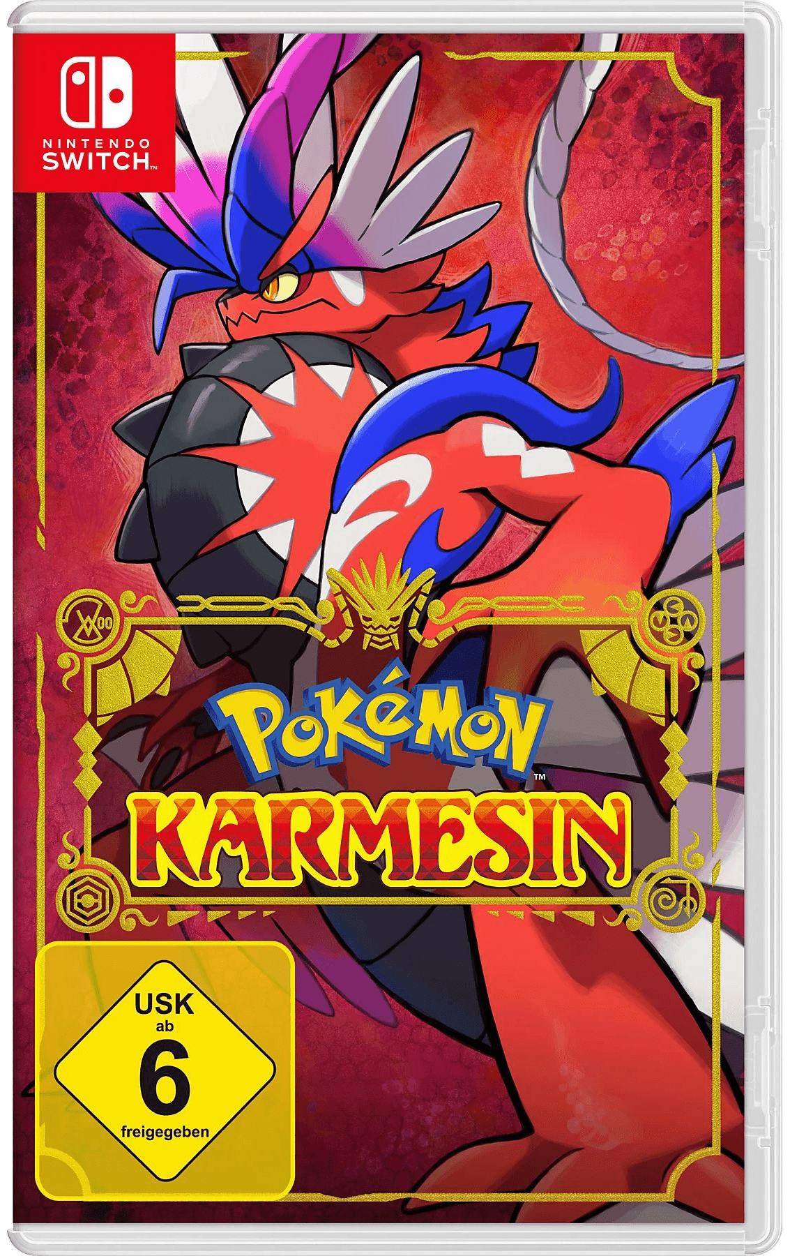 Spielhülle von "Pokémon Karmesin" mit einem legendären roten Pokémon vor einem rötlich verzierten Hintergrund.