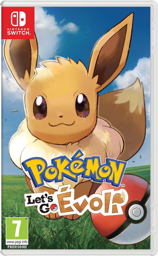 Das Bild zeigt das Cover der Nintendo Switch Version von „Pokémon: Let’s Go, Évoli!“. Im Vordergrund befindet sich das Pokémon Evoli mit großen, leuchtenden Augen und einem freundlichen Gesichtsausdruck. Der Hintergrund zeigt eine grüne Wiese mit blauem Himmel und vereinzelten Wolken. Unten im Bild ist ein Pokéball abgebildet, passend zum Spielkonzept. Das Logo des Spiels ist bunt gestaltet, mit dem Schriftzug „Pokémon Let’s Go Évoli“ und einer PEGI-7-Freigabe in der linken unteren Ecke.