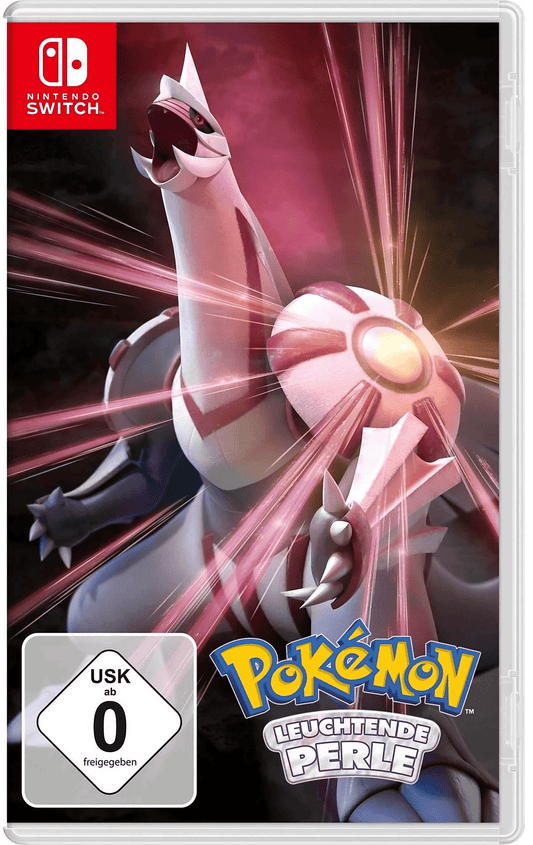 Spielcover von "Pokémon Leuchtende Perle" mit dem legendären Pokémon Palkia auf dunklem, leuchtendem Hintergrund.