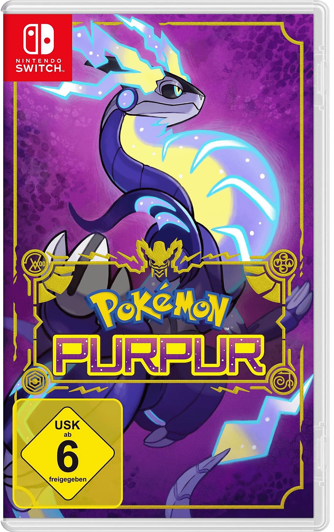 Spielhülle von "Pokémon Purpur" mit einem futuristischen, bläulichen Pokémon vor einem violetten Hintergrund.