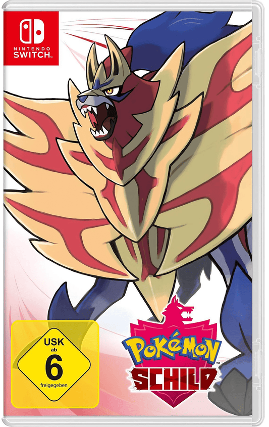 Das Bild zeigt das offizielle Cover des Nintendo Switch Spiels „Pokémon Schild“. Im Vordergrund ist das legendäre Pokémon Zamazenta abgebildet – ein löwenähnliches Wesen mit einer großen, roten Schildmähne, die an eine Rüstung erinnert. Zamazenta steht kampfbereit auf weißem Hintergrund mit roten Bewegungslinien. Unten befindet sich das farbenfrohe Pokémon-Logo mit dem roten Schildsymbol sowie die USK-6-Altersfreigabe. Das Design vermittelt Stärke, Mut und ein klassisches Pokémon-Abenteuer.