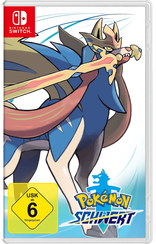 Spielcover von "Pokémon Schwert" für Nintendo Switch mit dem legendären Pokémon Zacian.