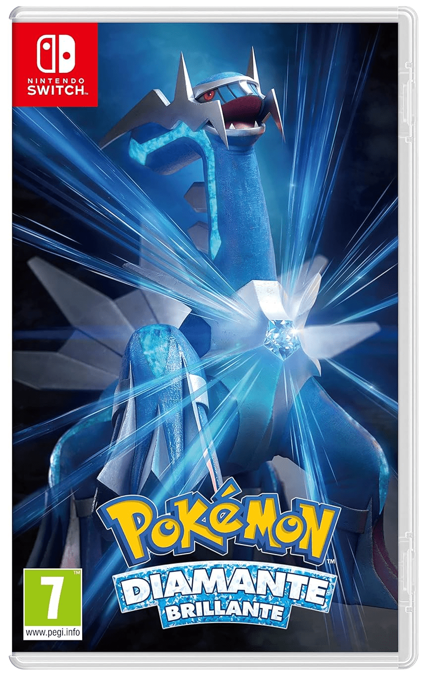 Das Bild zeigt das Cover des Nintendo Switch Spiels „Pokémon Diamant Brillant“. Im Mittelpunkt steht das legendäre Pokémon Dialga in dynamischer Pose, umgeben von strahlenden, kristallartigen Lichtstrahlen, die von seinem Brustjuwel ausgehen. Der Hintergrund ist in dunklem Blau gehalten und betont die funkelnde Wirkung des Diamant-Themas. Am unteren Rand befindet sich das farbenfrohe Pokémon-Logo mit dem Titel „Diamante Brillante“ in italienischer Sprache und der PEGI-7-Altersfreigabe.