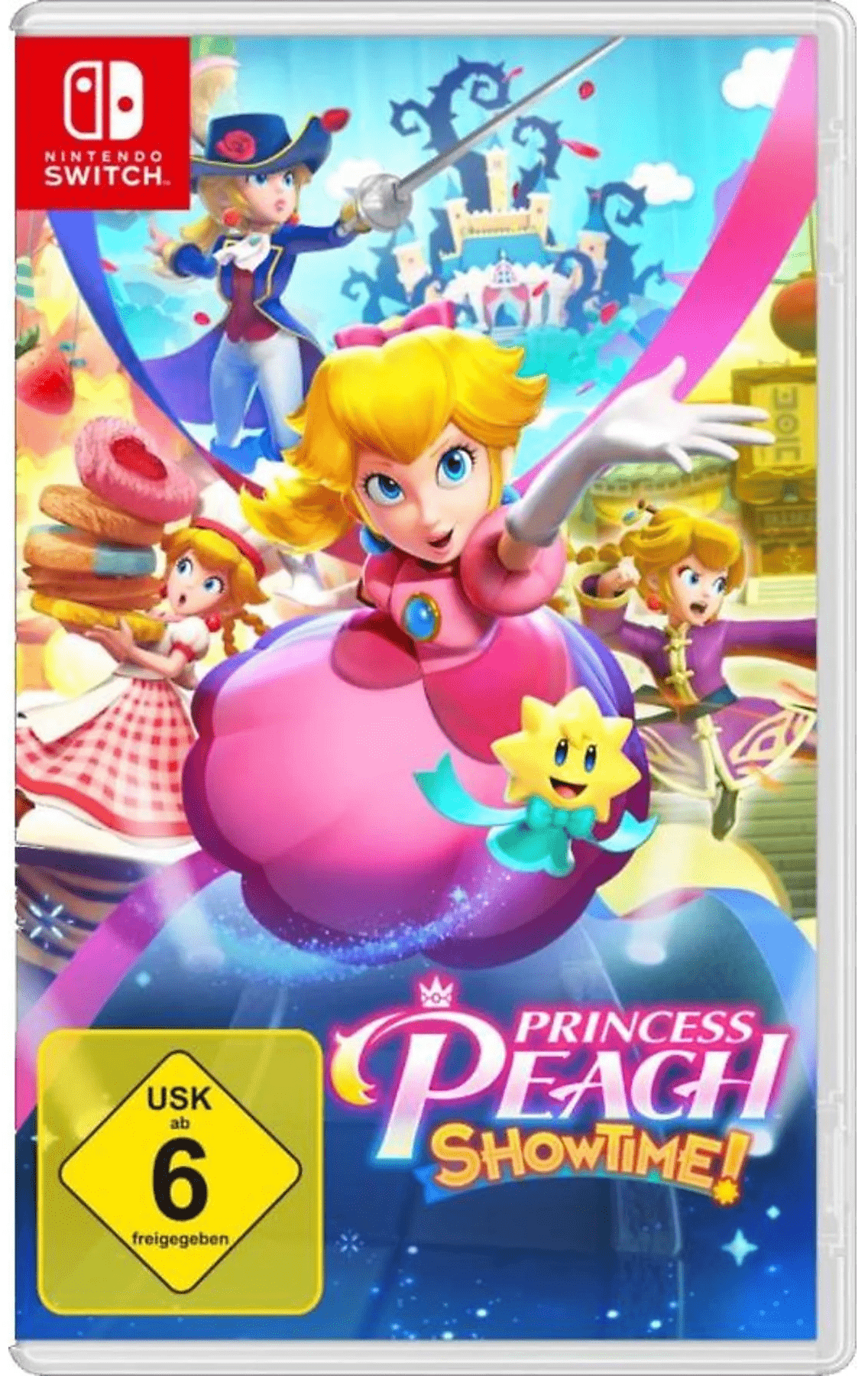 Spielecover zeigt Prinzessin Peach in verschiedenen Rollen: als Kämpferin, Bäckerin und Detektivin. Sie steht im Zentrum mit einem leuchtenden Stern.
