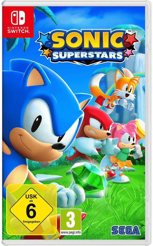 Spielecover zeigt Sonic und seine Freunde Knuckles, Tails und Amy in einer farbenfrohen Landschaft. Sie rennen gemeinsam auf einen grünen Edelstein zu.