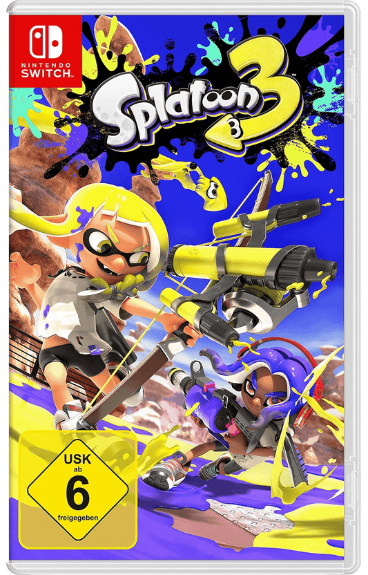 Spielhülle von "Splatoon 3" mit zwei Inkling-Charakteren in einem farbenfrohen Tintenkampf.