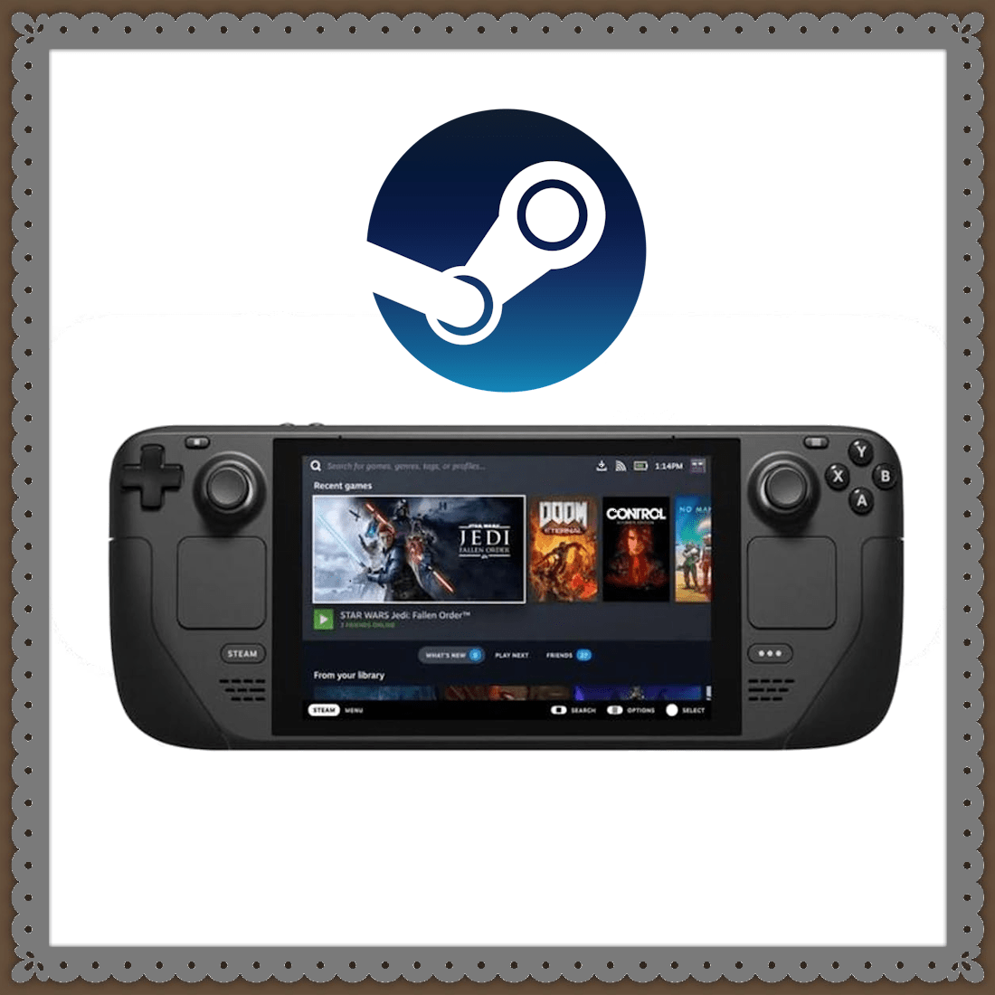 Das Bild zeigt das Steam Deck von Valve, ein leistungsstarkes Handheld-Gaming-Gerät, das PC-Spiele mobil ermöglicht. Auf dem Display ist die Steam-Oberfläche mit beliebten Titeln wie Star Wars Jedi: Fallen Order, Doom und Control zu sehen. Darüber prangt das Steam-Logo, das für digitale Spieleplattform und Community steht. Das Gerät verfügt über zahlreiche Bedienelemente und erinnert an klassische Konsolen mit moderner PC-Funktionalität.